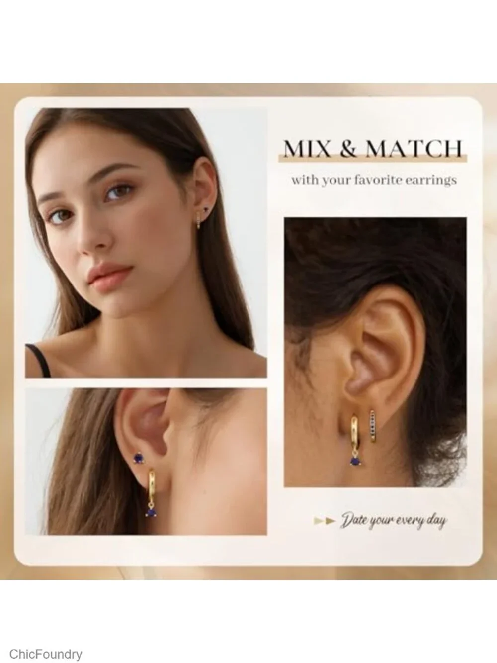 Sterling Silver 14K Gold Plated Huggie Hoop Earring Set - 3 Pairs Blue CZ